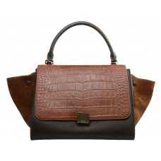 Torebka na ramię Celine Trapeze Multicolor Croc Leather Ciemnobrązowa/Khaki/Zamsz Brązowy