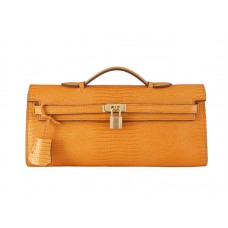 Hermes Kelly Pochette Longue Skóra Jaszczurki Pomarańczowa