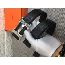 Pasek Hermes Shiny Silver H z klamrą i dwustronnym skórzanym paskiem w kolorze czarnym