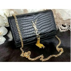 Saint Laurent Kate Medium z frędzlami, skóra krokodyla, błyszcząca, czarna