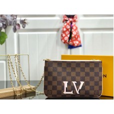 Louis Vuitton Damier Ebene Canvas Pochette z podwójnym zamkiem, różowa n60254